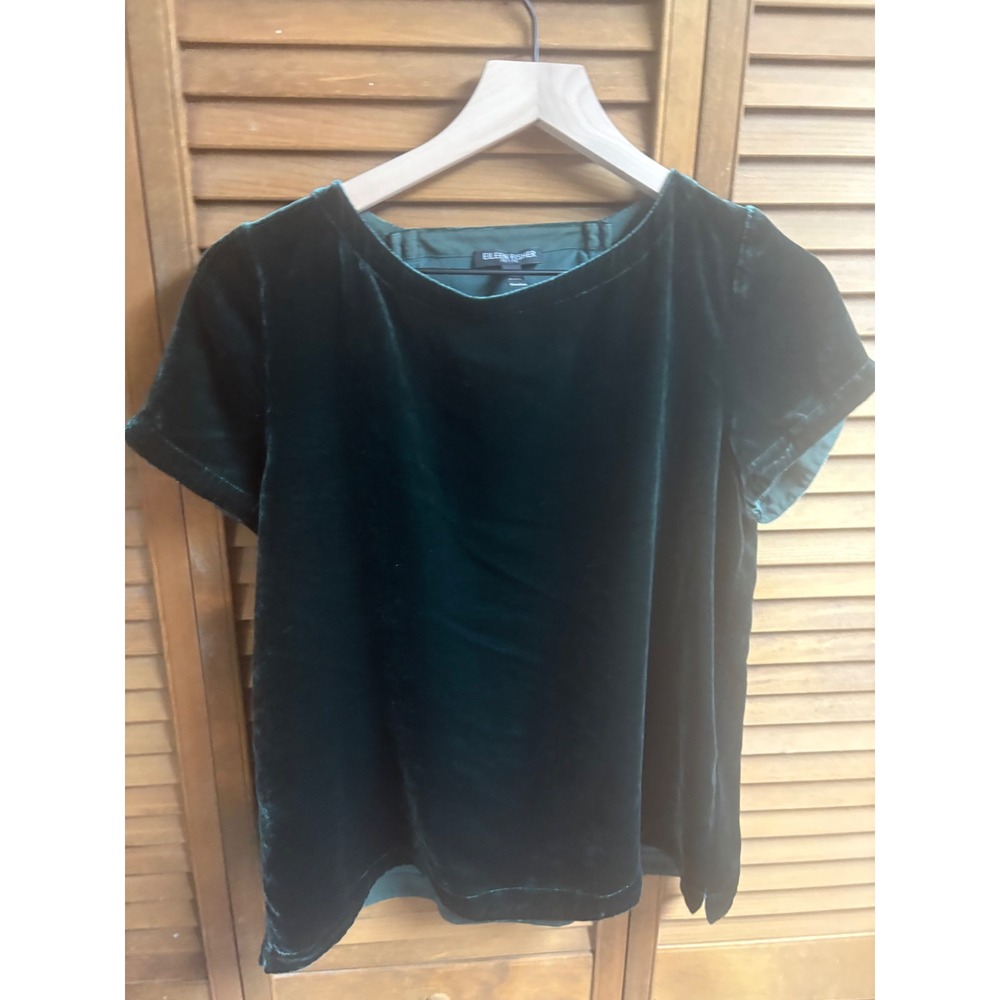 Eileen Fisher Forest Green Velvet Short‎ Sleeve Top Boat Neck Petite Medium PM